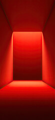 Obraz premium Bright vivid red background with rectangular shape in center of empty room, softly illuminated to create spatial depth and contrast, ideal modern backdrop for product display and promotional design co