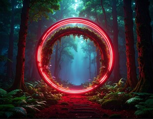 A forest scene showcases a glowing red ring in the center, appearing as a portal. The lush green foliage and blue misty background create an ethereal atmosphere