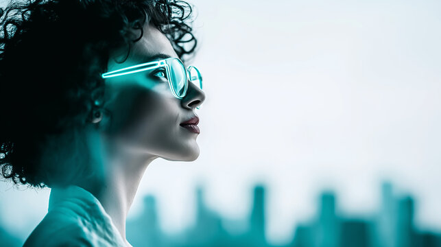 Female profile with neon rimmed glasses, integrating technology and urban vision, exploring augmented reality and connectivity