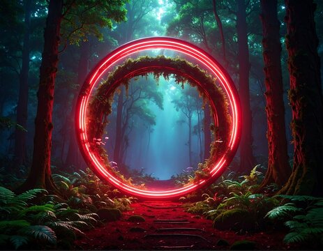 A forest scene showcases a glowing red ring in the center, appearing as a portal. The lush green foliage and blue misty background create an ethereal atmosphere