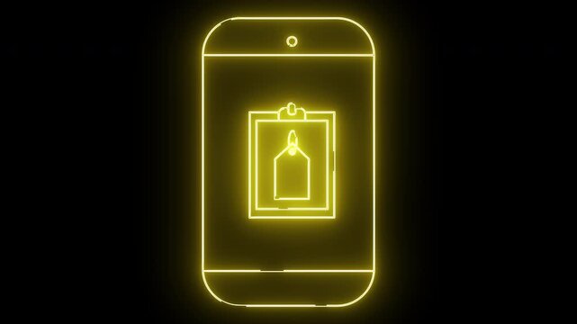 A neon yellow outline of a phone displaying a price tag on a clipboard against a black background