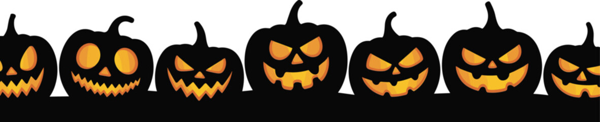 Spooky Halloween horizontal border featuring row of black pumpkin silhouettes with glowing orange scary jack o lantern faces, holiday decoration background, - cad drawing flat vector illustration