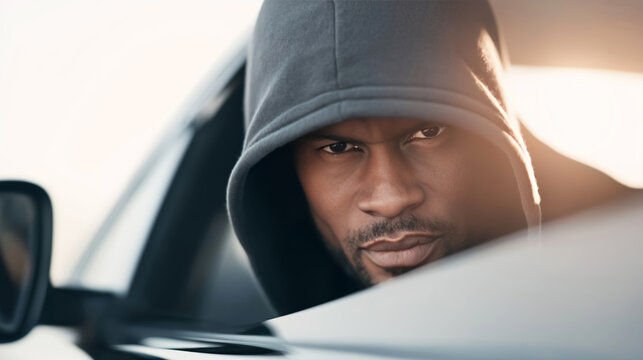 Hooded man looking with intense, suspicious expression from behind a car, representing criminal intent and unlawful acts