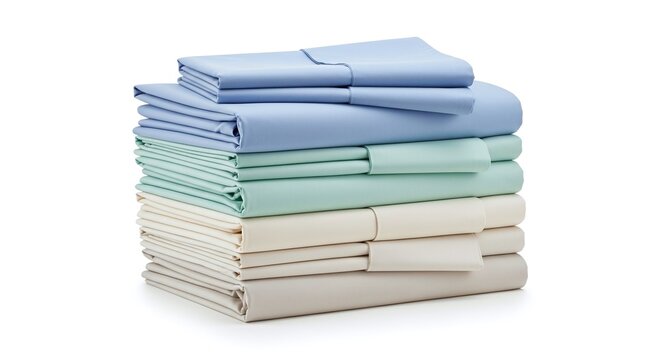 Stack of neatly folded pastel colored bed sheet set isolated on white background