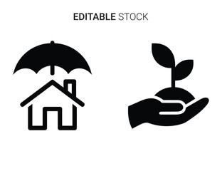 Beautiful silhouette vector of set of two icons house under umbrella and hand holding seedling