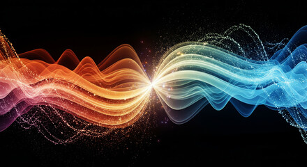 Electrifying abstract visualization of contrasting energy waves, depicting the convergence of data streams and dynamic digital flow with glowing particles