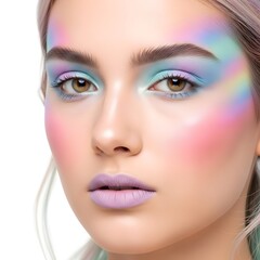 Young woman with colorful holographic makeup and pastel lips