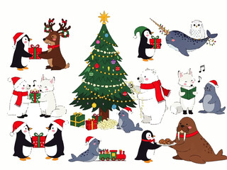 Christmas illustration featuring arctic animals such as penguins, polar bears, seals, walrus, reindeer, narwhal, and arctic fox exchanging gifts around a decorated Christmas tree.