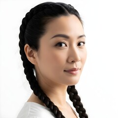 Young asian woman with two braids hairstyle looking to the side
