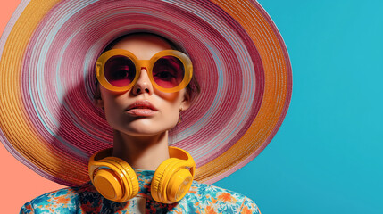 Bright summer fashion showcased by a stylish woman wearing a large colorful hat, headphones and sunglasses against a vibrant background