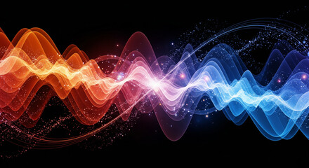 Abstract visualization of vibrant energy waves merging in a digital space, showcasing dynamic red and blue sonic patterns with glowing light effects and intricate particle flows