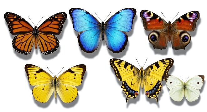 Collection of six colorful butterfly species isolated on white background