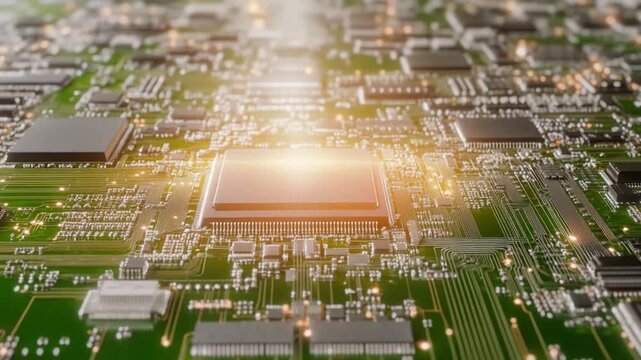 Circuit Board: A detailed view of a complex circuit board with intricate patterns of chips and components, representing the heart of modern technology.