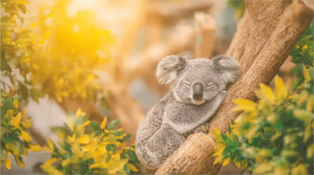 Koala sleeping soundly, embracing a eucalyptus tree trunk. Warm golden sunlight illuminates natural habitat, symbolizing peace and Australian wildlife