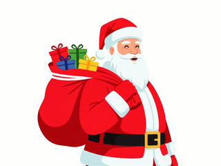 Illustration of Santa Claus carrying a large red sack filled with colorful wrapped Christmas gifts, wearing his traditional red suit and hat.