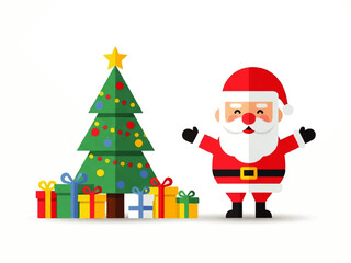 Cartoon illustration of Santa Claus standing next to a decorated Christmas tree with colorful presents underneath, set against a white background.