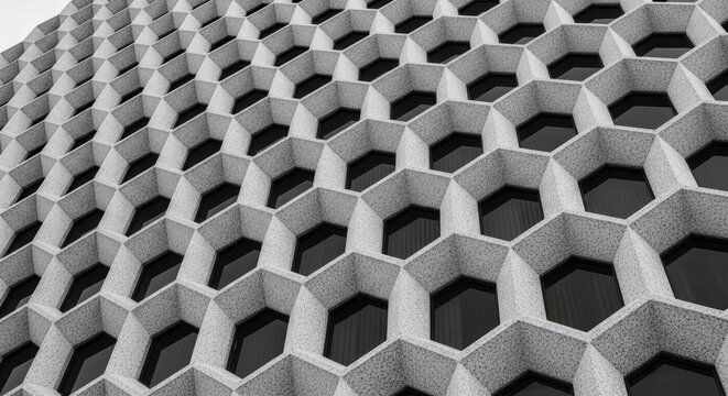 Modern geometric architecture: abstract honeycomb facade against sky