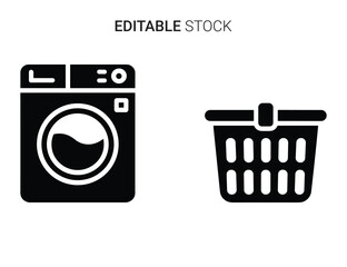 Beautiful silhouette vector of black and white icon set of a washing machine and laundry basket