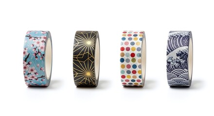 Four rolls of decorative washi tape with japanese pattern isolated on white background