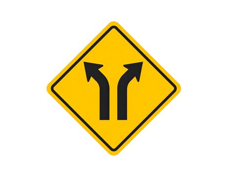 Yellow diamond road sign with black arrows indicating a fork in the road (1) - Powered by Adobe