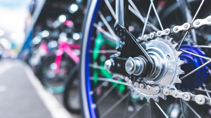 Bicycle wheel drivetrain close up, showing complex gear cog and chain system, emphasizing mechanics, sport, and eco friendly travel