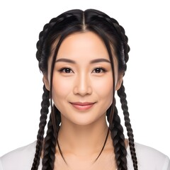 Young asian woman with braids smiling against white background