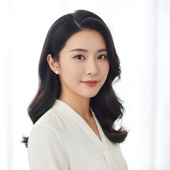 Portrait of a young asian woman with dark wavy hair wearing a white top