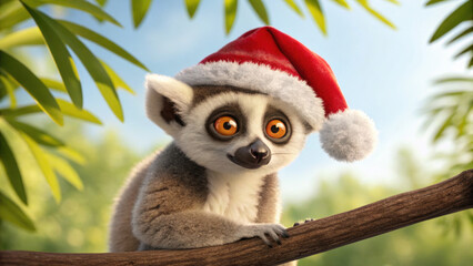 Obraz premium Christmas animal lemur wearing red Santa hat sitting on tree branch in forest with festive joyful expression and green leaves background