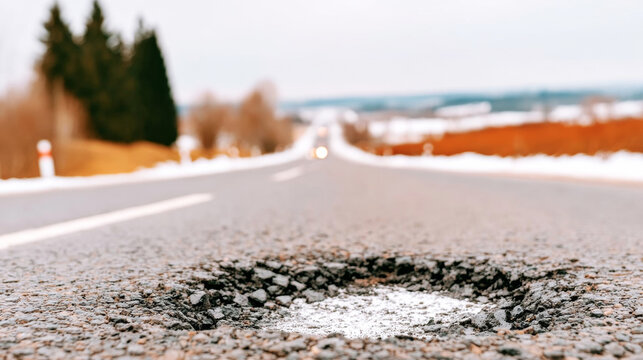 Pothole on a poorly maintained American road surface, showing cracked and crumbling asphalt with winter ice on the ground