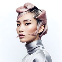 Avant garde hairstyle on asian woman with dramatic makeup