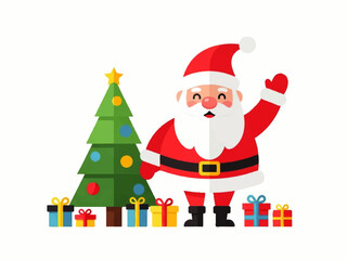 Cartoon Santa Claus standing next to a decorated Christmas tree with presents underneath, waving his hand.
