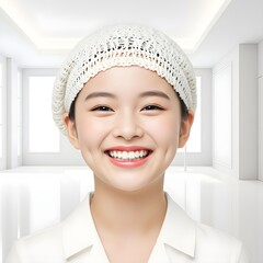 Young girl wearing a white surgical cap and smiling brightly