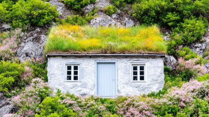 Fototapeta premium Traditional earth sheltered home integrating into lush green hillside with grass roof and wildflowers