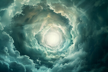 Dreamlike sky portal with swirling circular storm clouds