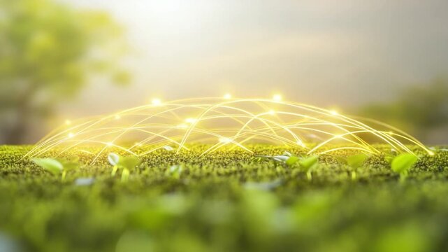 Digital Ecosystem: A luminous network illuminates a bed of fresh new growth, depicting the harmony of technology and nature.