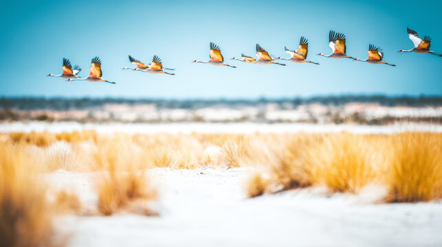 Cranes flying in formation over a golden field, migrating across a vibrant blue sky during daylight - Powered by Adobe