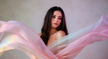 A young woman draped in flowing fabric, with her gaze directed downward