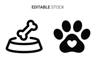 Beautiful silhouette vector of set of two black and white pet care icons food bowl and paw print