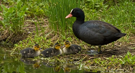 A coot parent watches over its three fluffy chicks beside water and lush greenery