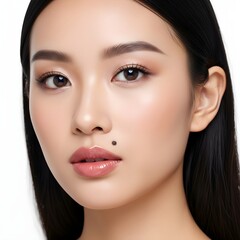 Close up portrait of a young asian woman with a beauty mark on her face