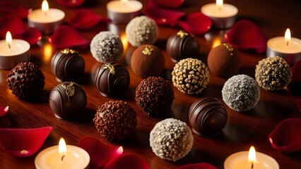 Indulge in decadent chocolate truffles with romantic candlelight and rose petals for a special occasion.