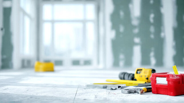 Hand tools lying on dusty floor in a room, preparing for home renovation and interior construction work