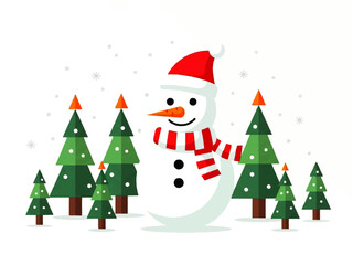 A cheerful snowman wearing a red hat and scarf stands amongst green Christmas trees with falling snowflakes on a white background.