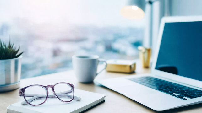 Minimalist bright remote workspace with laptop, glasses, coffee, and plant, promoting productivity and home office work