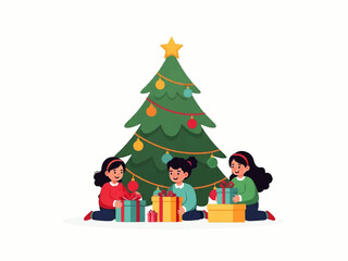 Three young girls sitting near a decorated Christmas tree, opening colorful wrapped presents.