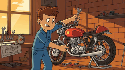 Young enthusiast meticulously tuning his classic motorcycle, passionately engaged in detailed mechanical work and repairs within his personal garage workshop