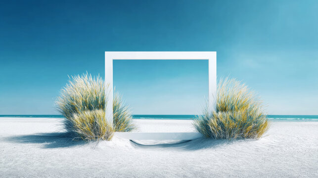 White rectangular frame on a sandy beach, framing tranquil ocean view under blue sky with dune grass