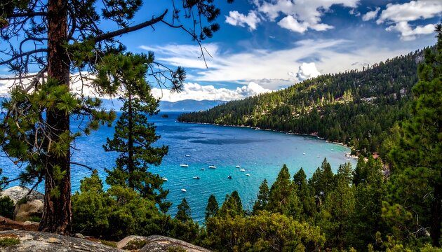 Scenic view of a lake surrounded by lush trees under a bright blue sky