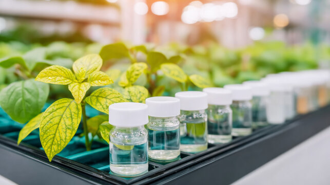 Plant biology experimentation with young plants and sample vials in a research laboratory setting