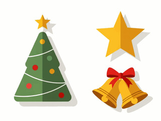 A flat vector illustration featuring a Christmas tree adorned with a star and baubles, alongside a star and two golden bells tied with a red bow.